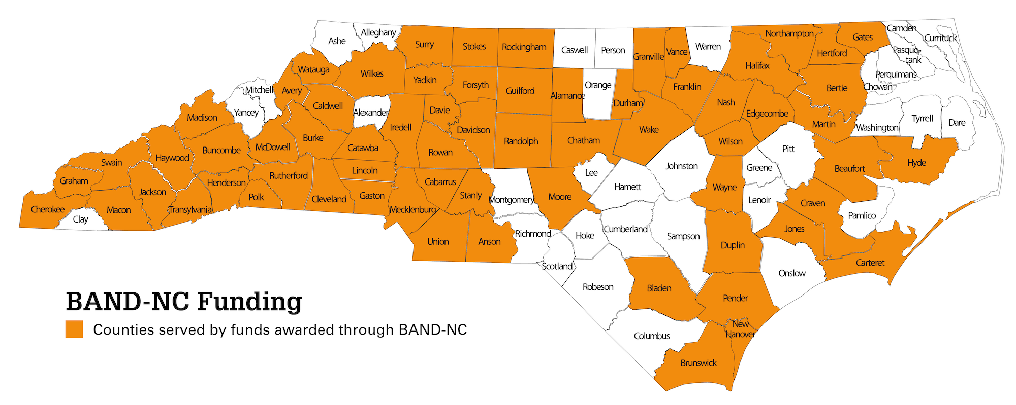 NC County map with counties that have received BAND-NC funding highlighted in orange