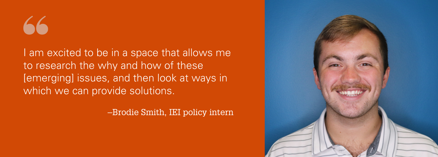 A photo of Brodie Smith with a quote that reads "I am excited to be in a space that allows me to research the why and how of these [emerging] issues, and then look at ways in which we can provide solutions"