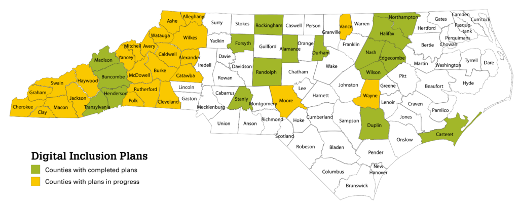 Map of NC showing what counties have completed a digital inclusion plan or have one in progress.