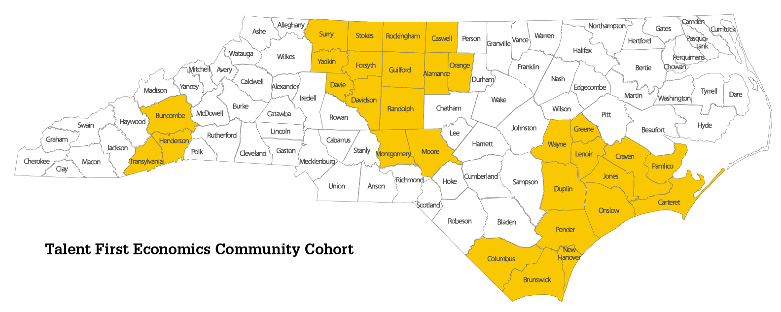 A map of North Carolina with counties highlighted that are included in the Talent First Economics community cohort