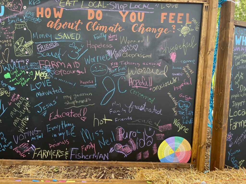 A chalk board displaying handwritten answers to "how do you feel about climate change"