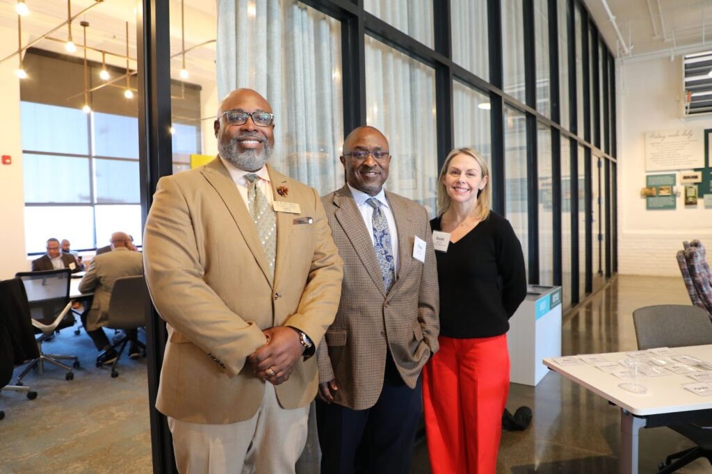 (From left to right) Dr. Manuel Dudley, Fred Henry, and IEI Director Sarah Hall at the “Jobs of the Future: Guildford County Workforce Action Meeting” in High Point.
