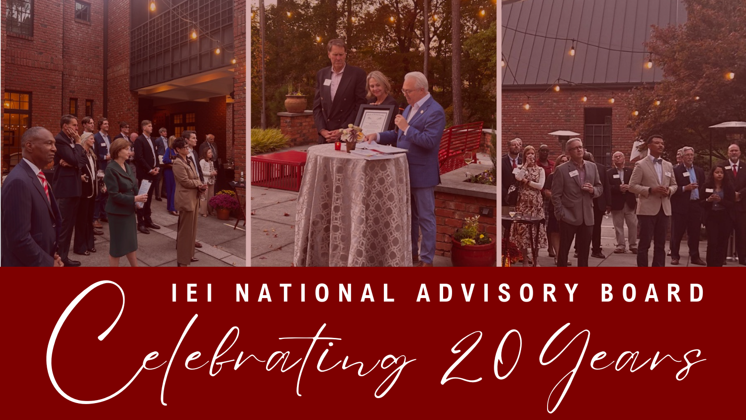 A group of people gathered outdoors for the IEI National Advisory Board's 20th anniversary celebration; text reads “IEI National Advisory Board, Celebrating 20 Years.".