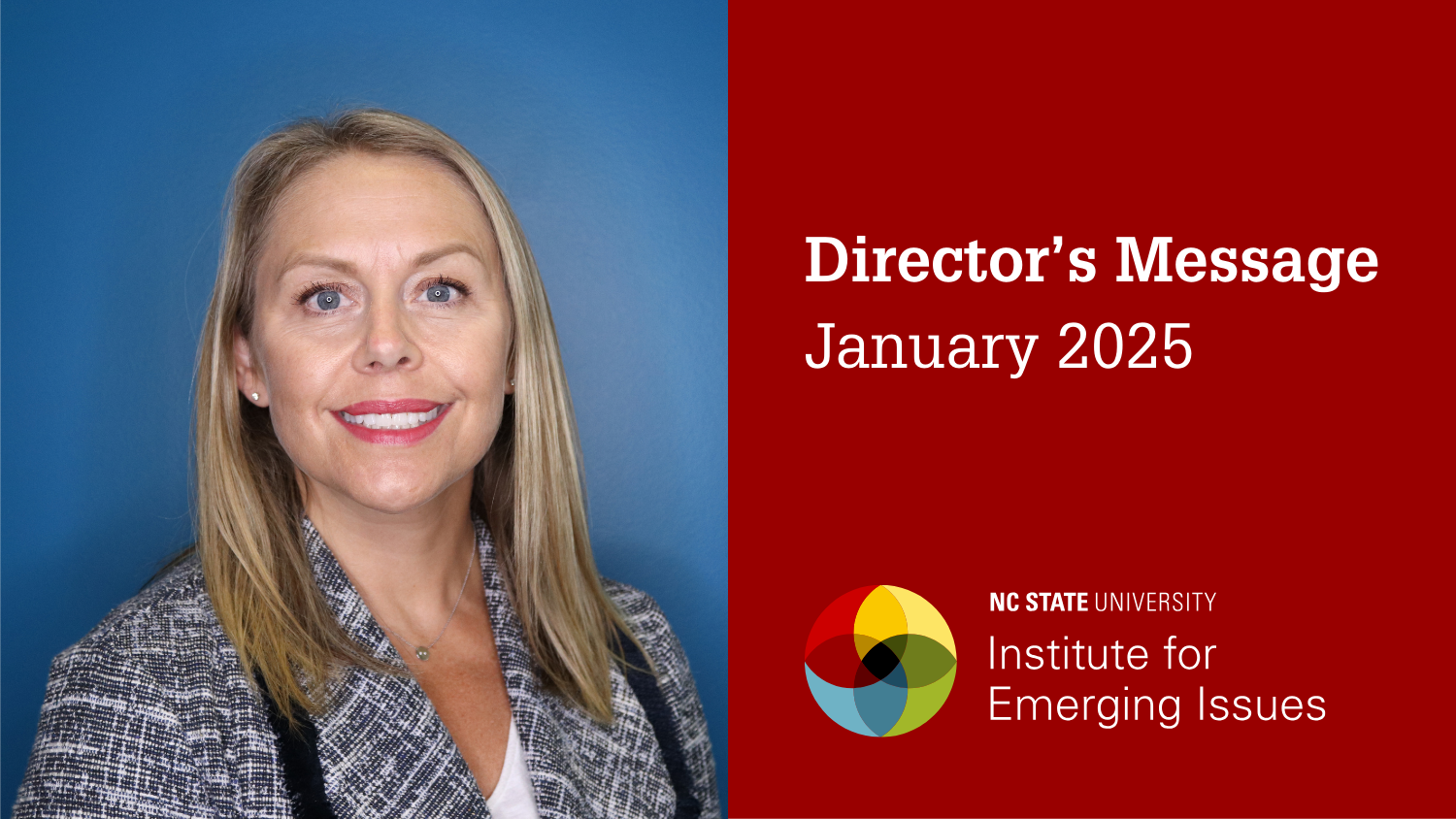 A headshot of IEI Director Sarah Hall; text reads “Director’s Message, January 2025, NC State University Institute for Emerging Issues.”.