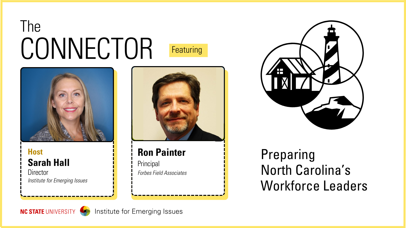 Headshots of IEI Director Sarah Hall and Forbes Field Associates Principal Ron Painter; text reads “The Connector, Preparing North Carolina's Workforce Leaders, NC State University Institute for Emerging Issues.”
