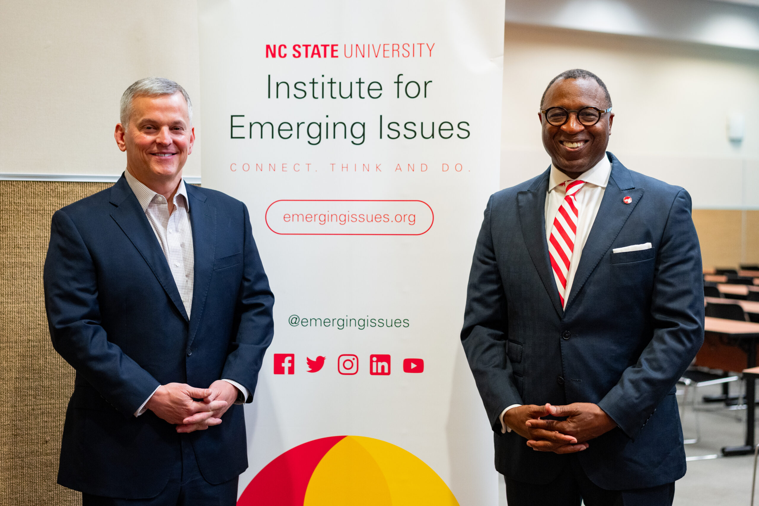Photo of North Carolina Governor Josh Stein and NC State University Chancellor Kevin Howell side-by-side.