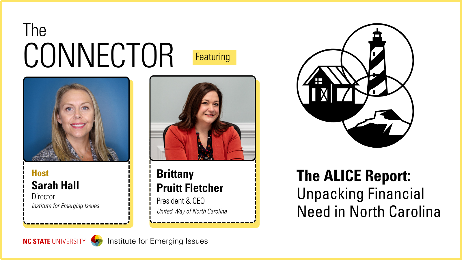 Headshots of IEI Director Sarah Hall with UWNC President and CEO Brittany Pruitt Fletcher; text reads “The Connector, The ALICE Report: Unpacking Financial Need in North Carolina, NC State University Institute for Emerging Issues.”