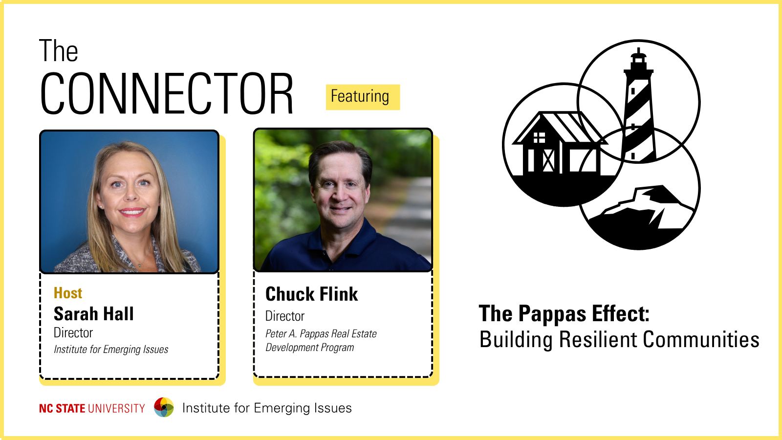 Headshots of IEI Director Sarah Hall with Pappas Real Estate Development Program Director Chuck Flink; text reads “The Connector, The Pappas Effect: Building Resilient Communities, NC State University Institute for Emerging Issues.”