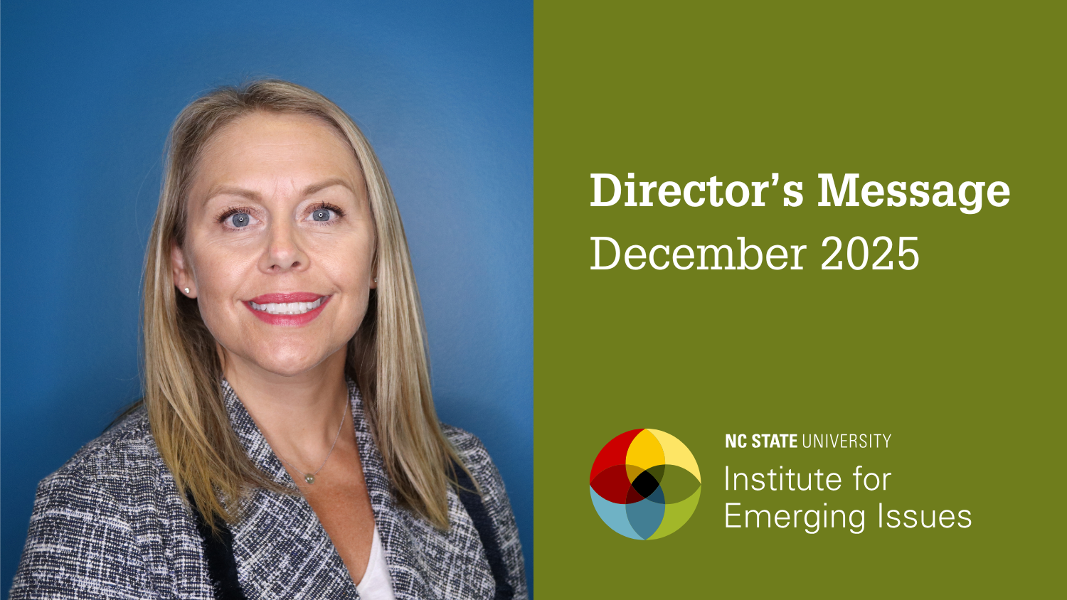A headshot of IEI Director Sarah Hall; text reads “Director’s Message, December 2025, NC State University Institute for Emerging Issues.”.